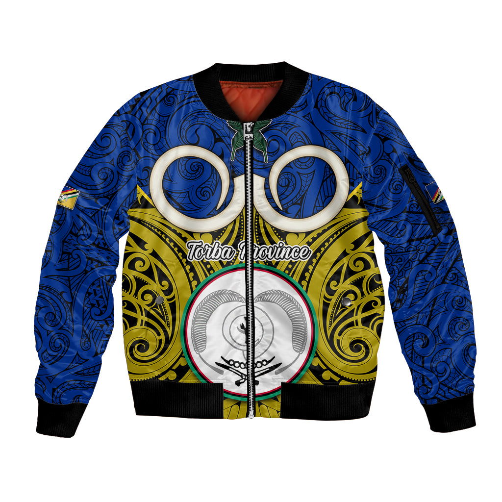 Personalised Vanuatu Torba Province Sleeve Zip Bomber Jacket Pig Tusk Mix Maori Pattern and Namele Leaf LT03 Unisex Blue - Polynesian Pride