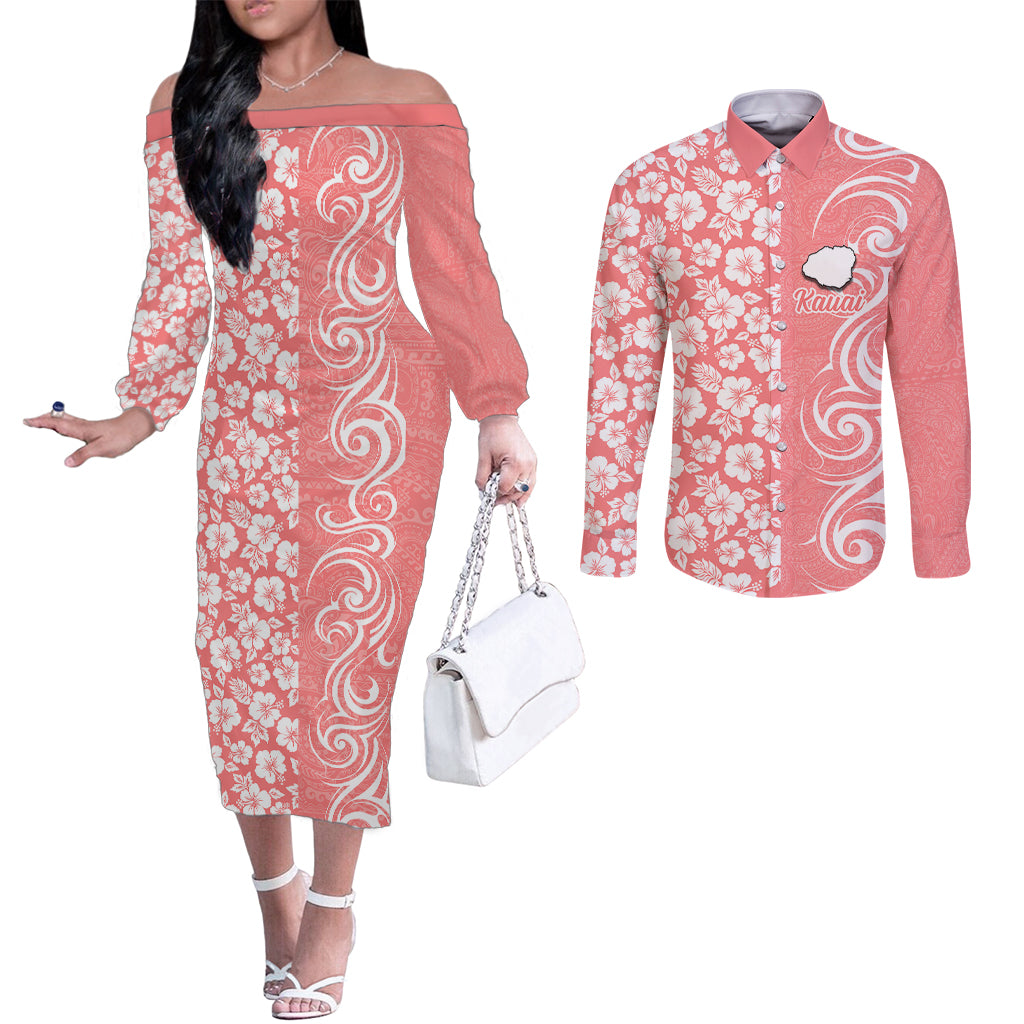 Hawaii Kauai Island Couples Matching Off The Shoulder Long Sleeve Dress and Long Sleeve Button Shirts Hibiscus Pattern Seamless Tribal Simple Pink Pastel LT03 Pink - Polynesian Pride