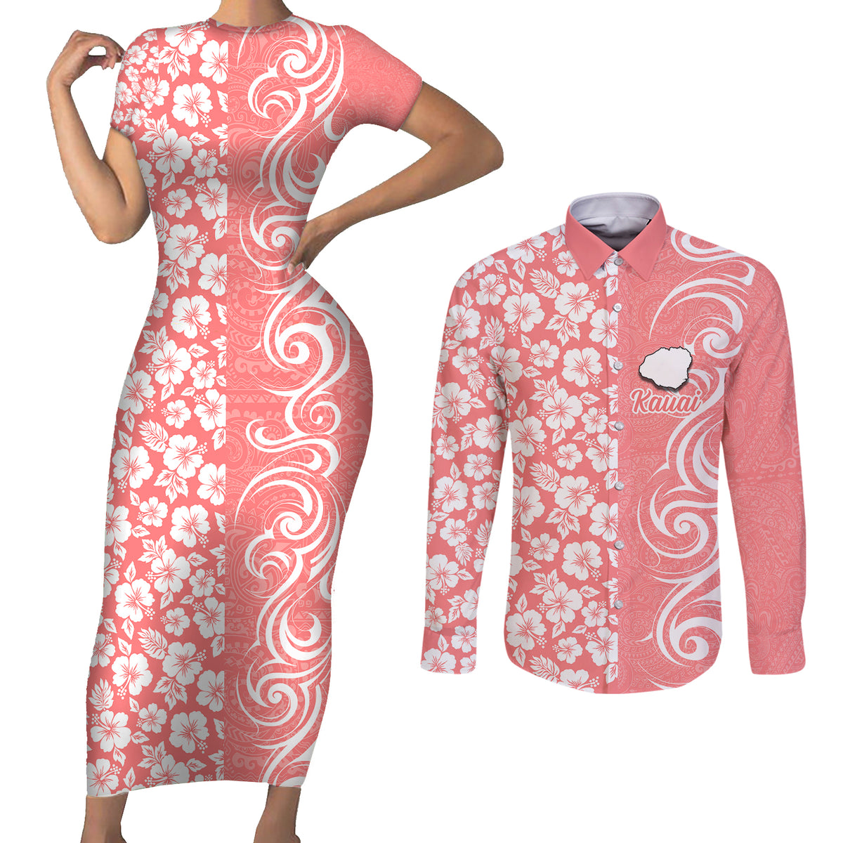 Hawaii Kauai Island Couples Matching Short Sleeve Bodycon Dress and Long Sleeve Button Shirts Hibiscus Pattern Seamless Tribal Simple Pink Pastel LT03 Pink - Polynesian Pride