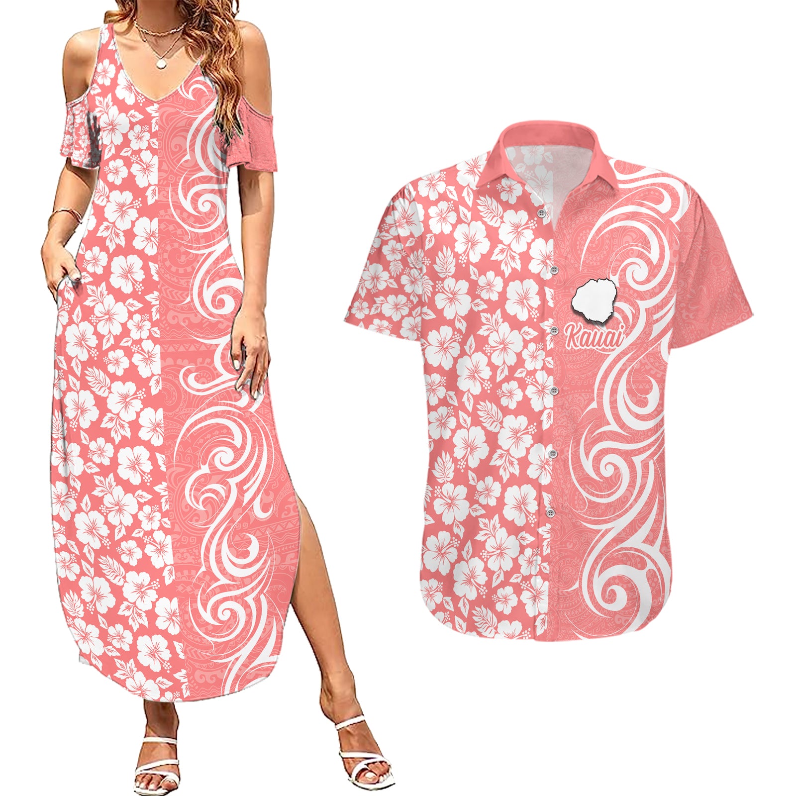 Hawaii Kauai Island Couples Matching Summer Maxi Dress and Hawaiian Shirt Hibiscus Pattern Seamless Tribal Simple Pink Pastel LT03 Pink - Polynesian Pride