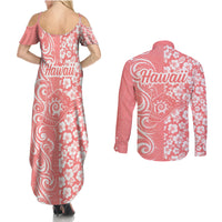 Hawaii Kauai Island Couples Matching Summer Maxi Dress and Long Sleeve Button Shirts Hibiscus Pattern Seamless Tribal Simple Pink Pastel LT03 - Polynesian Pride