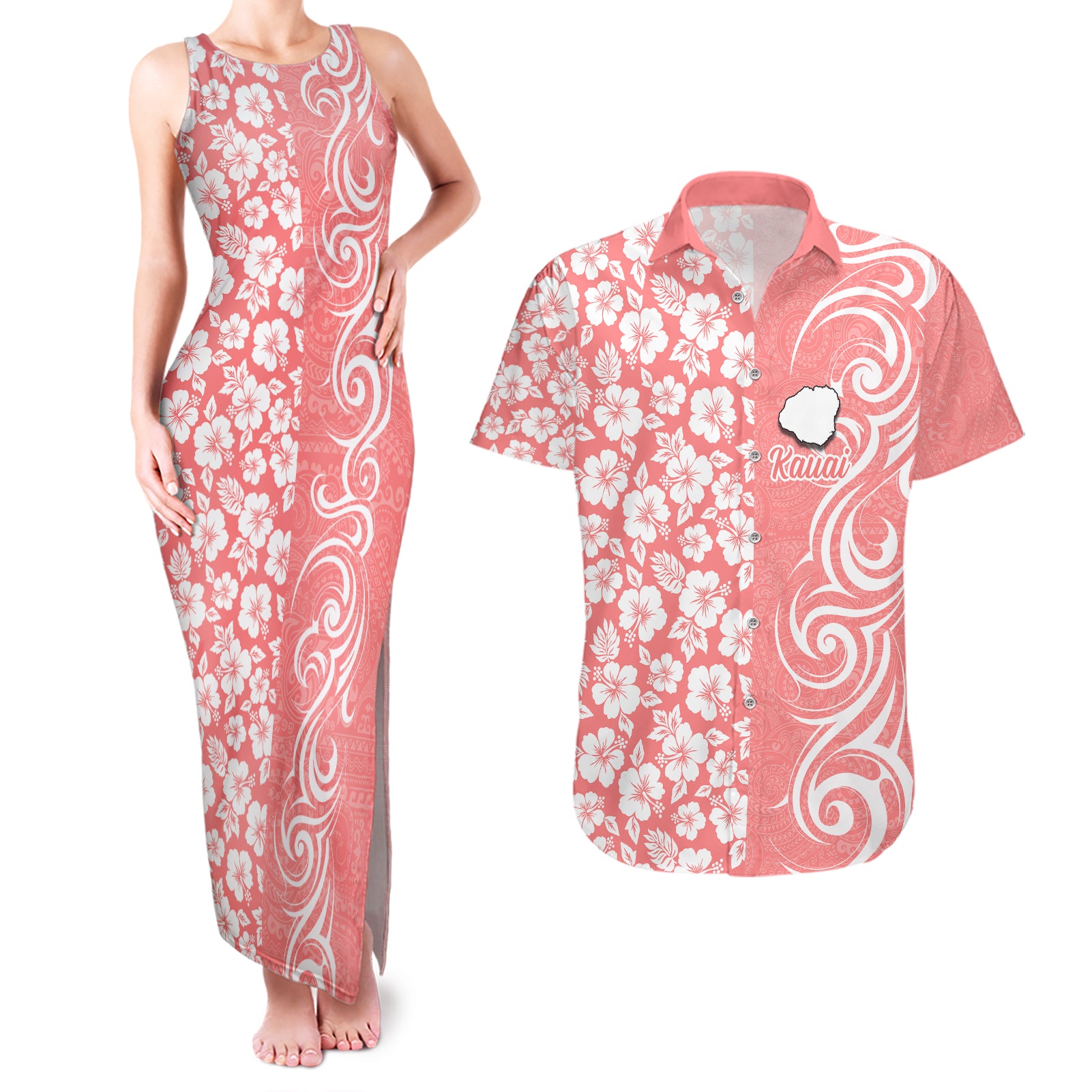 Hawaii Kauai Island Couples Matching Tank Maxi Dress and Hawaiian Shirt Hibiscus Pattern Seamless Tribal Simple Pink Pastel LT03 Pink - Polynesian Pride
