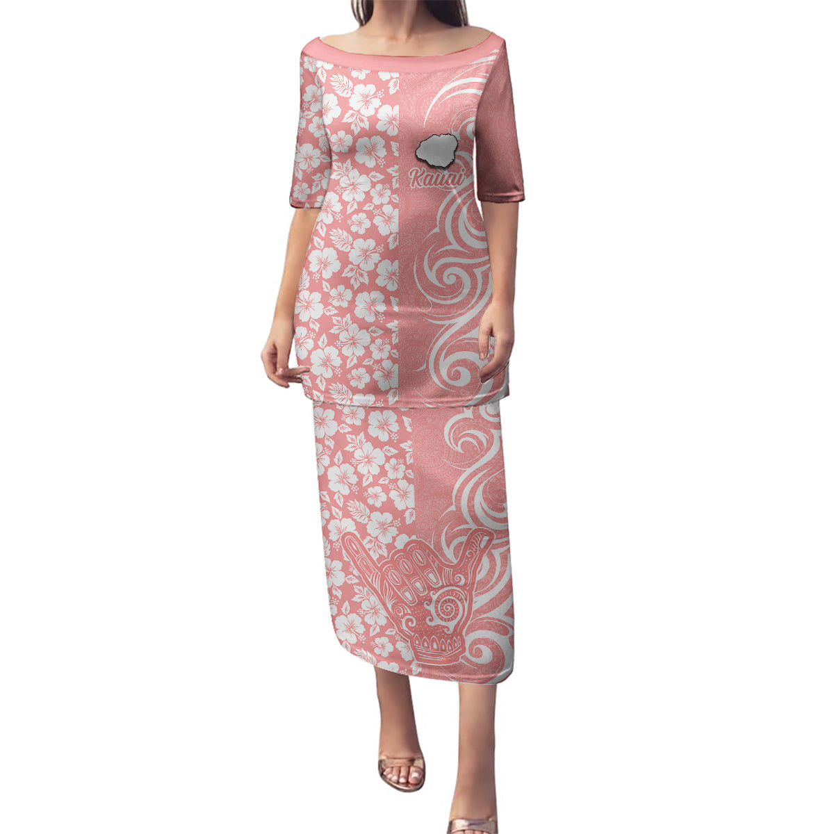 Hawaii Kauai Island Family Matching Puletasi Dress and Hawaiian Shirt Hibiscus Pattern Seamless Tribal Simple Pink Pastel LT03 Mom's Dress Pink - Polynesian Pride