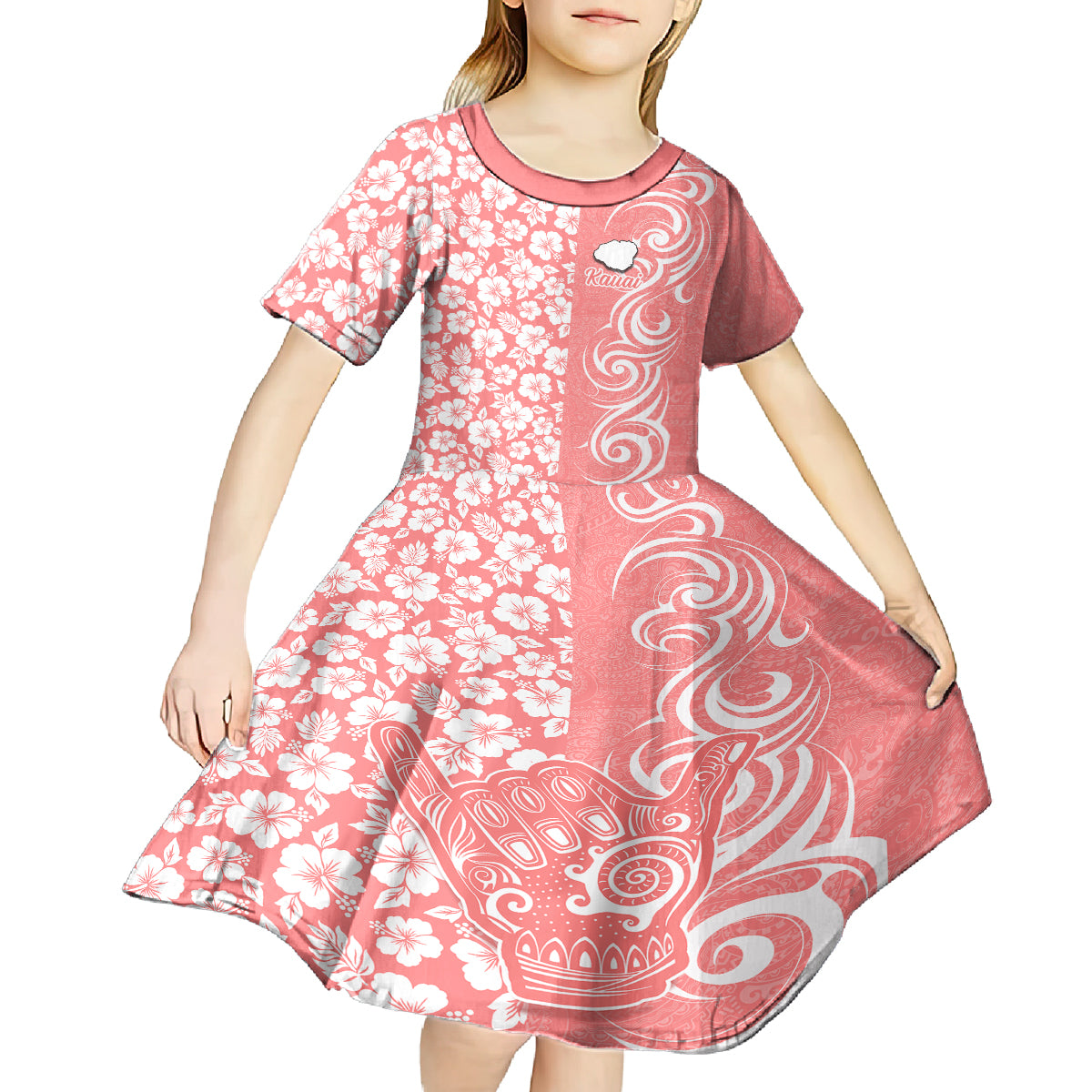 Hawaii Kauai Island Kid Short Sleeve Dress Hibiscus Pattern Seamless Tribal Simple Pink Pastel LT03 - Polynesian Pride