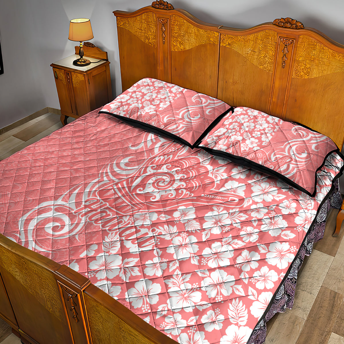 Hawaii Kauai Island Quilt Bed Set Hibiscus Pattern Seamless Tribal Simple Pink Pastel LT03 - Polynesian Pride