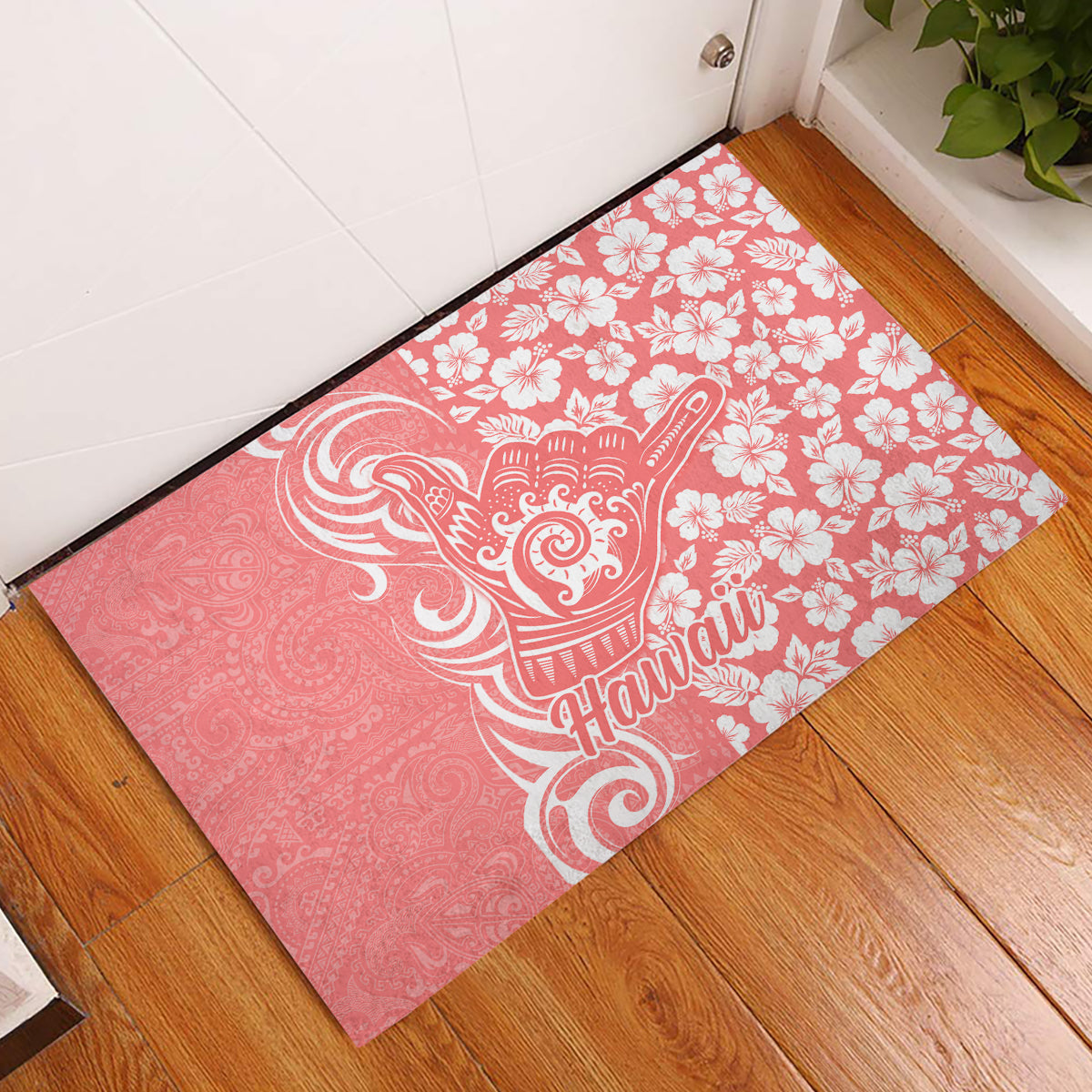 Hawaii Kauai Island Rubber Doormat Hibiscus Pattern Seamless Tribal Simple Pink Pastel LT03 Pink - Polynesian Pride