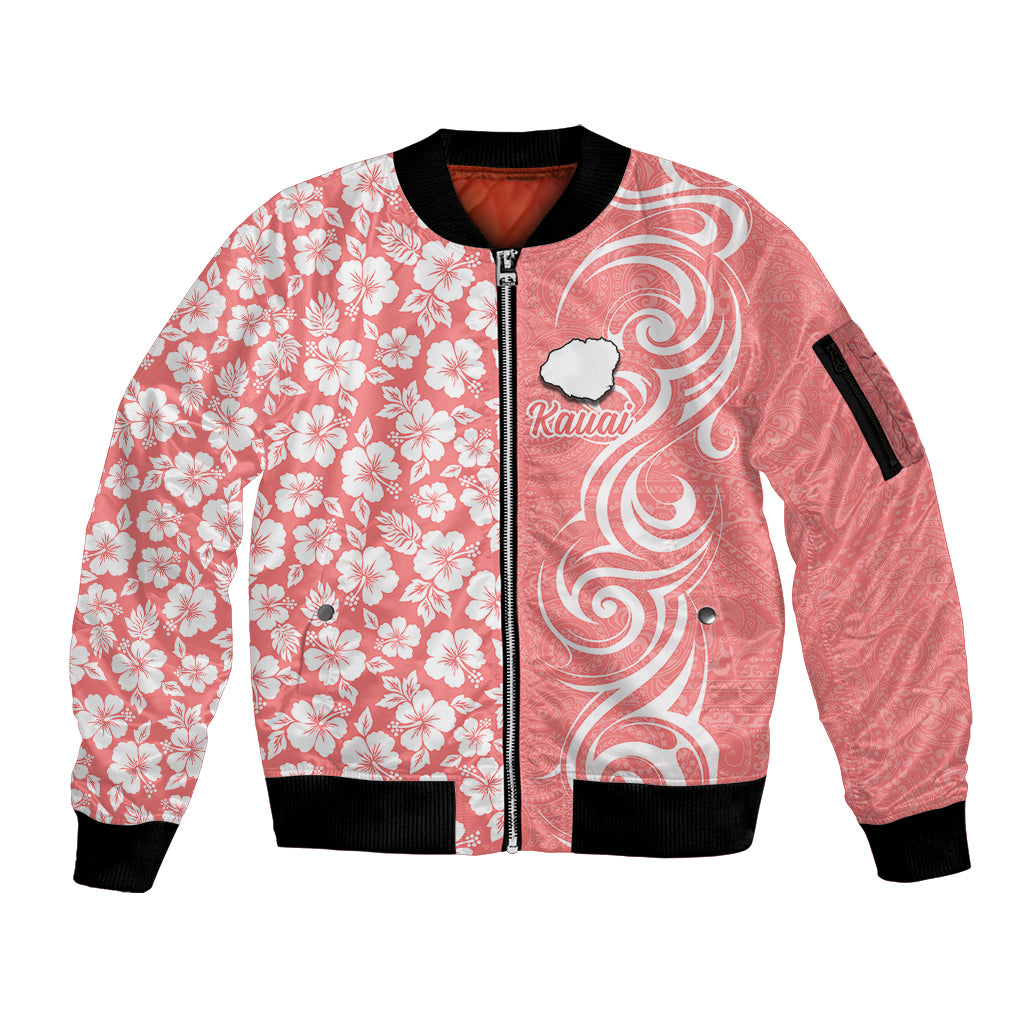 Hawaii Kauai Island Sleeve Zip Bomber Jacket Hibiscus Pattern Seamless Tribal Simple Pink Pastel LT03 Unisex Pink - Polynesian Pride