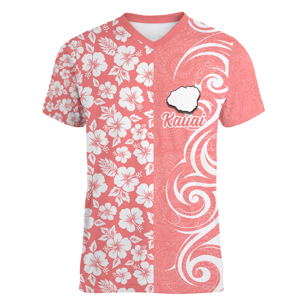 Hawaii Kauai Island Women V Neck T Shirt Hibiscus Pattern Seamless Tribal Simple Pink Pastel LT03 Female Pink - Polynesian Pride