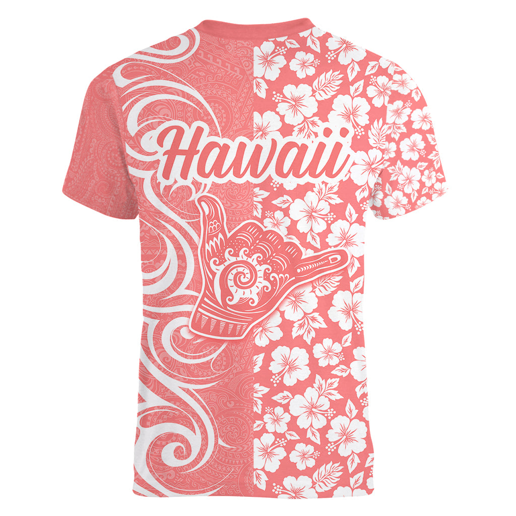 Hawaii Kauai Island Women V Neck T Shirt Hibiscus Pattern Seamless Tribal Simple Pink Pastel LT03 - Polynesian Pride
