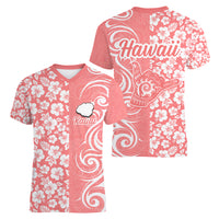 Hawaii Kauai Island Women V Neck T Shirt Hibiscus Pattern Seamless Tribal Simple Pink Pastel LT03 - Polynesian Pride