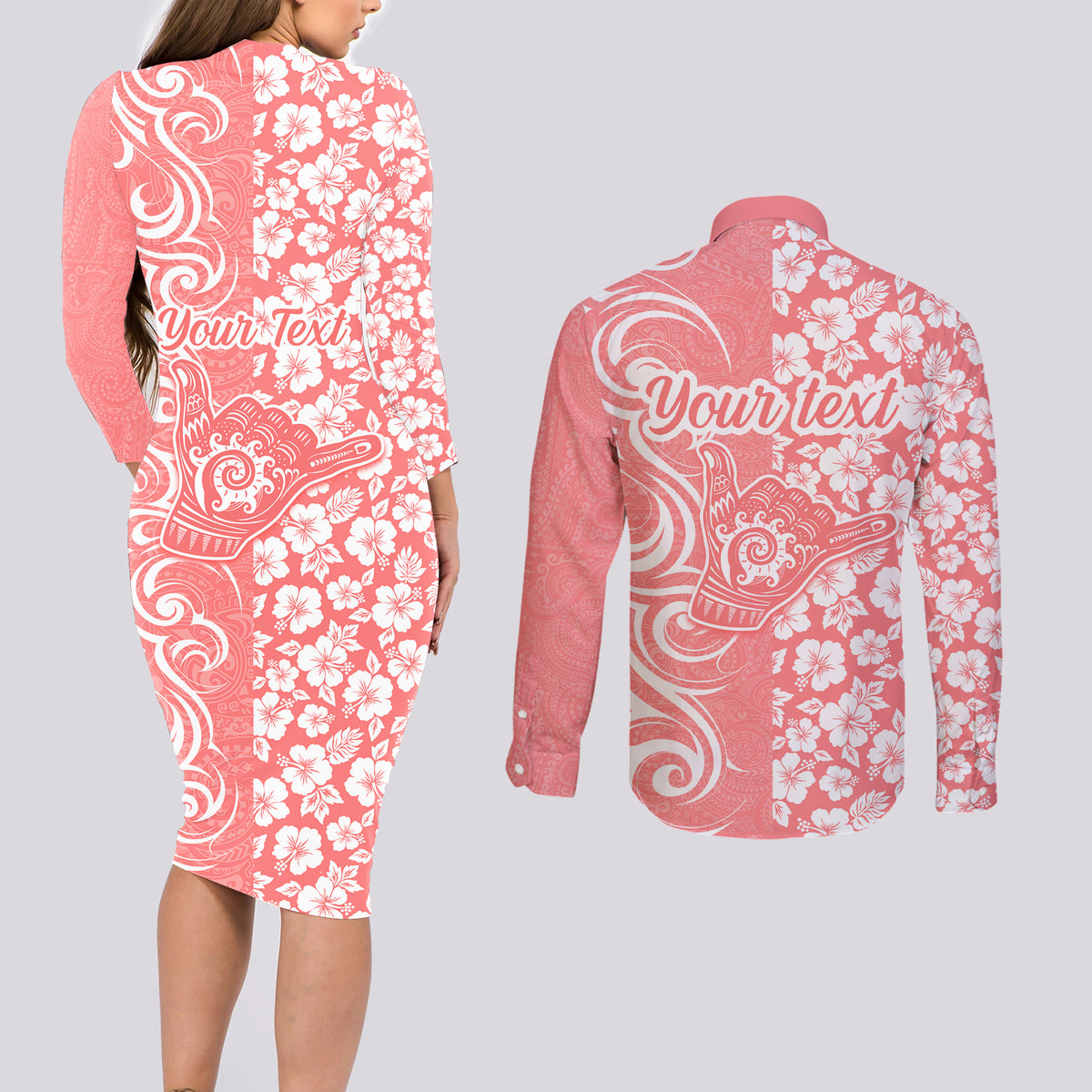 Custom Hawaii Kauai Island Couples Matching Long Sleeve Bodycon Dress and Long Sleeve Button Shirts Hibiscus Pattern Seamless Tribal Simple Pink Pastel LT03 - Polynesian Pride