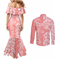 Custom Hawaii Kauai Island Couples Matching Mermaid Dress and Long Sleeve Button Shirts Hibiscus Pattern Seamless Tribal Simple Pink Pastel LT03 - Polynesian Pride