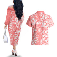 Custom Hawaii Kauai Island Couples Matching Off The Shoulder Long Sleeve Dress and Hawaiian Shirt Hibiscus Pattern Seamless Tribal Simple Pink Pastel LT03 - Polynesian Pride
