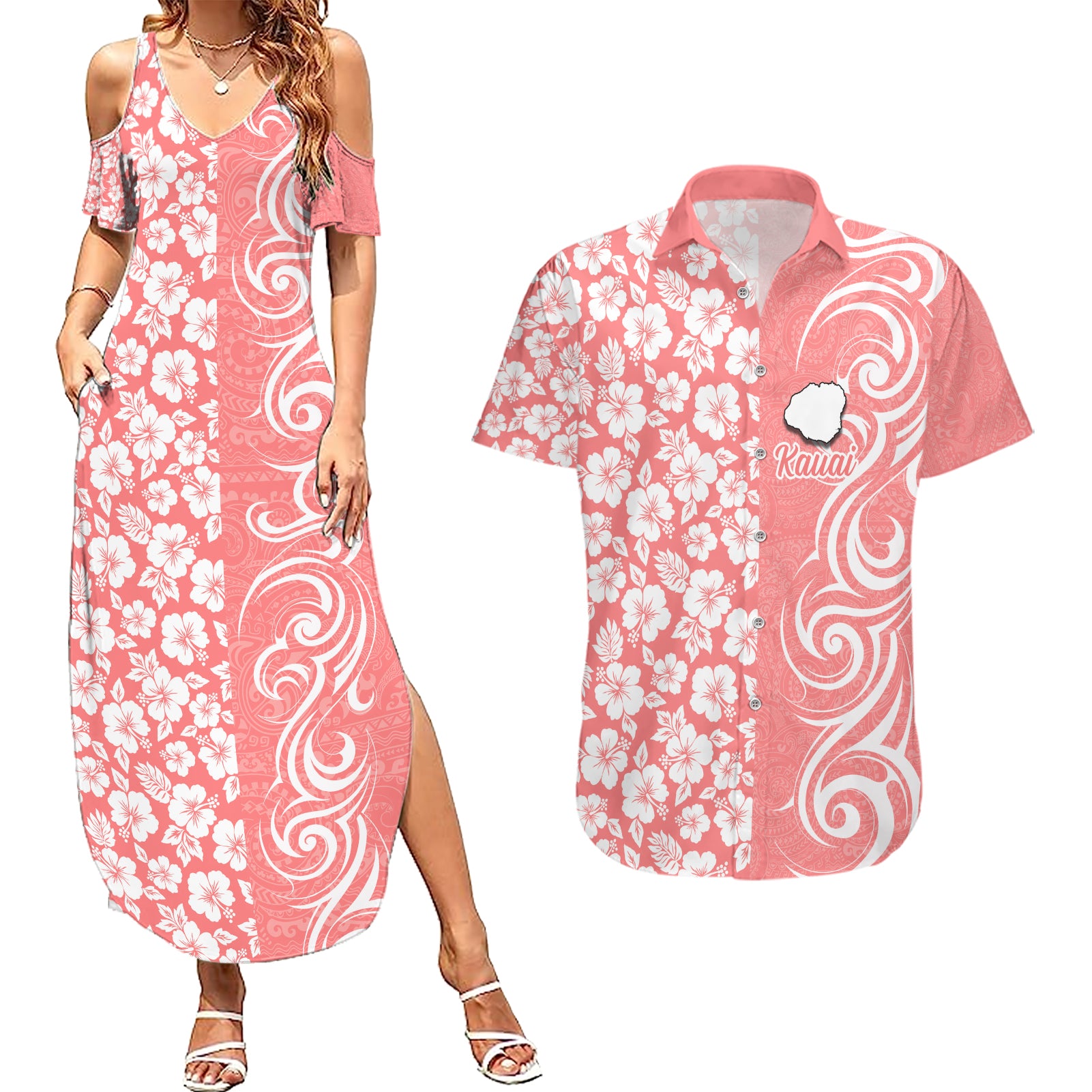 Custom Hawaii Kauai Island Couples Matching Summer Maxi Dress and Hawaiian Shirt Hibiscus Pattern Seamless Tribal Simple Pink Pastel LT03 Pink - Polynesian Pride