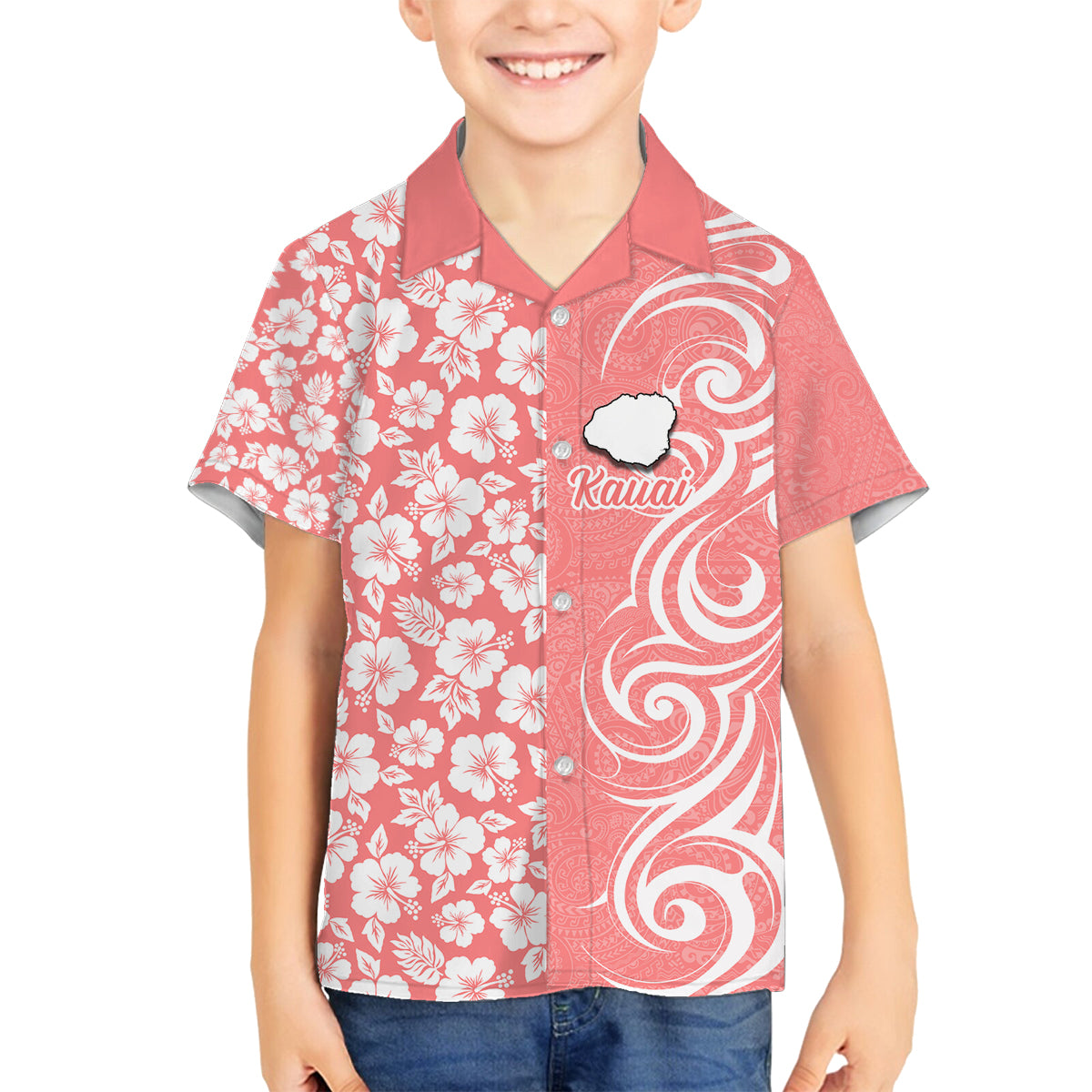 Custom Hawaii Kauai Island Family Matching Off Shoulder Maxi Dress and Hawaiian Shirt Hibiscus Pattern Seamless Tribal Simple Pink Pastel LT03 Son's Shirt Pink - Polynesian Pride