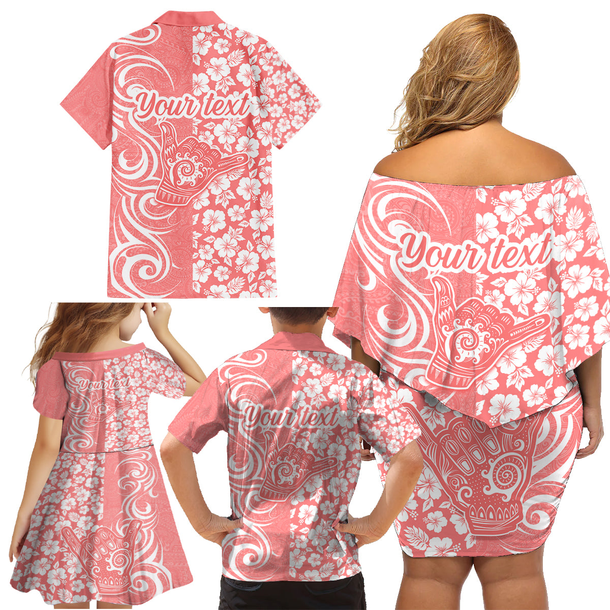 Custom Hawaii Kauai Island Family Matching Off Shoulder Short Dress and Hawaiian Shirt Hibiscus Pattern Seamless Tribal Simple Pink Pastel LT03 - Polynesian Pride