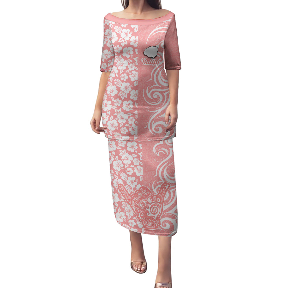 Custom Hawaii Kauai Island Family Matching Puletasi Dress and Hawaiian Shirt Hibiscus Pattern Seamless Tribal Simple Pink Pastel LT03 Mom's Dress Pink - Polynesian Pride