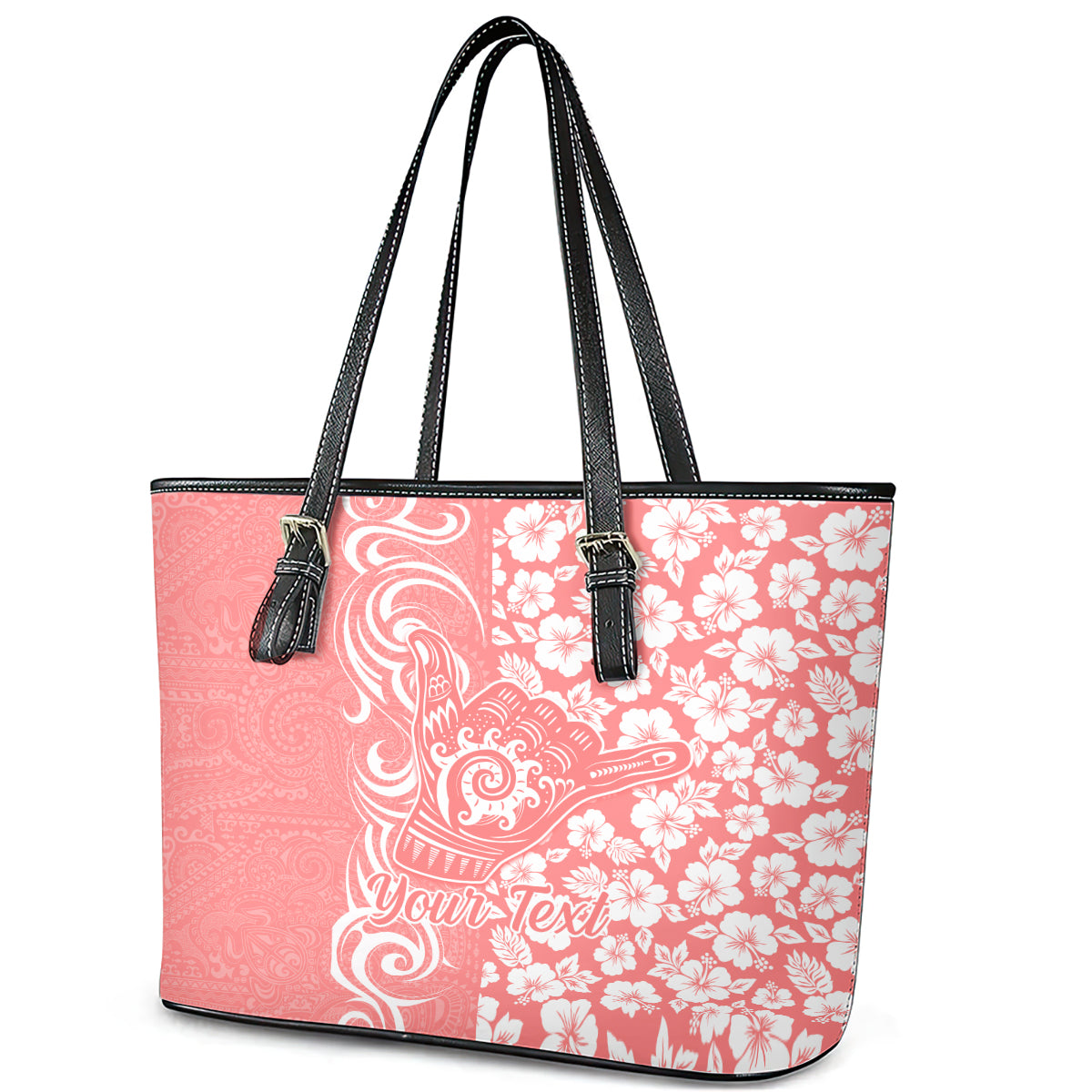 Custom Hawaii Kauai Island Leather Tote Bag Hibiscus Pattern Seamless Tribal Simple Pink Pastel LT03 - Polynesian Pride