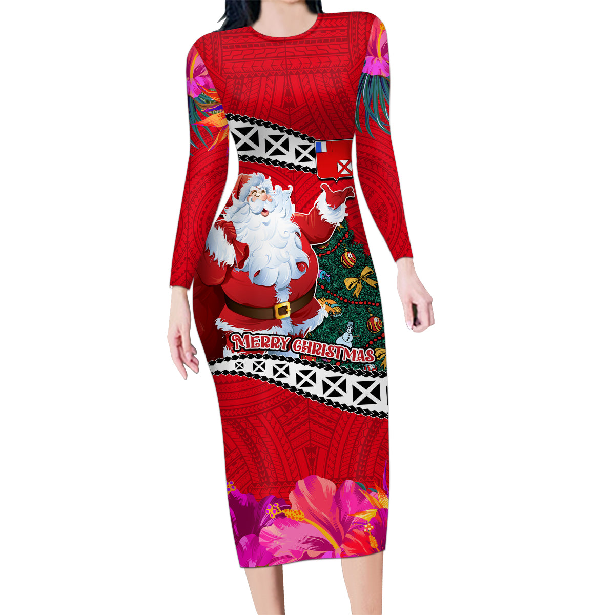 Wallis and Futuna Christmas Family Matching Long Sleeve Bodycon Dress and Hawaiian Shirt Santa Claus Holding Coat of Arms Polynesian Xmas Style LT03 Mom's Dress Red - Polynesian Pride