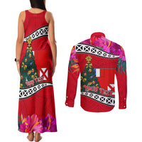 Custom Wallis and Futuna Christmas Couples Matching Tank Maxi Dress and Long Sleeve Button Shirt Santa Claus Holding Coat of Arms Polynesian Xmas Style LT03 - Polynesian Pride