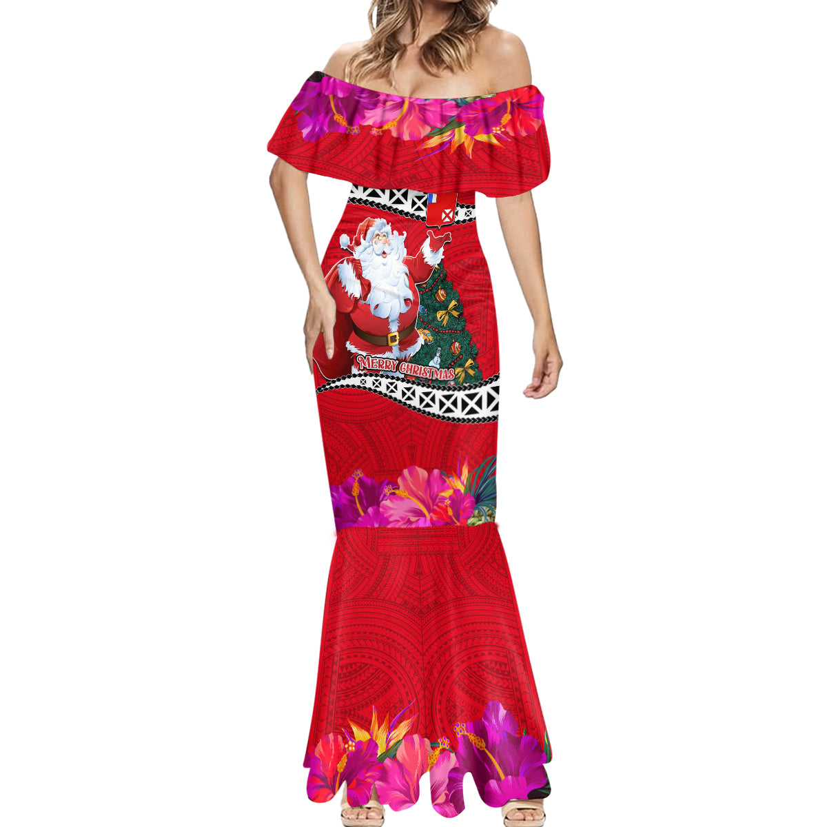 Custom Wallis and Futuna Christmas Mermaid Dress Santa Claus Holding Coat of Arms Polynesian Xmas Style LT03 - Polynesian Pride