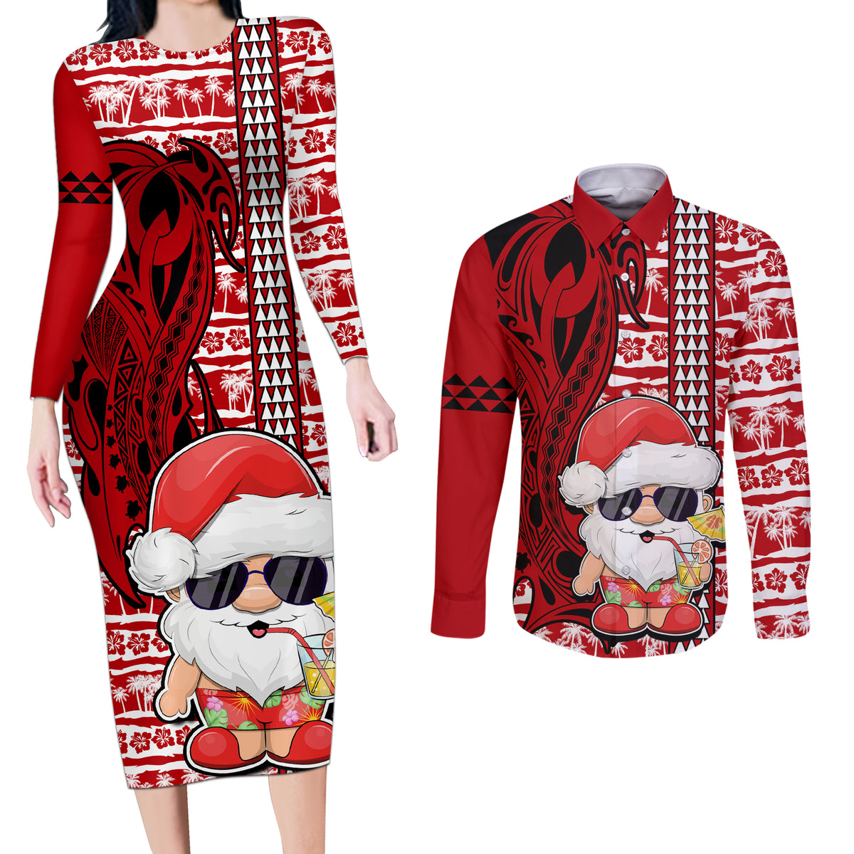Mele Kalikimaka Hawaii Christmas Couples Matching Long Sleeve Bodycon Dress and Long Sleeve Button Shirt Santa Claus Kakau Tribal Mix Polynesia Tattoo LT03 Red - Polynesian Pride