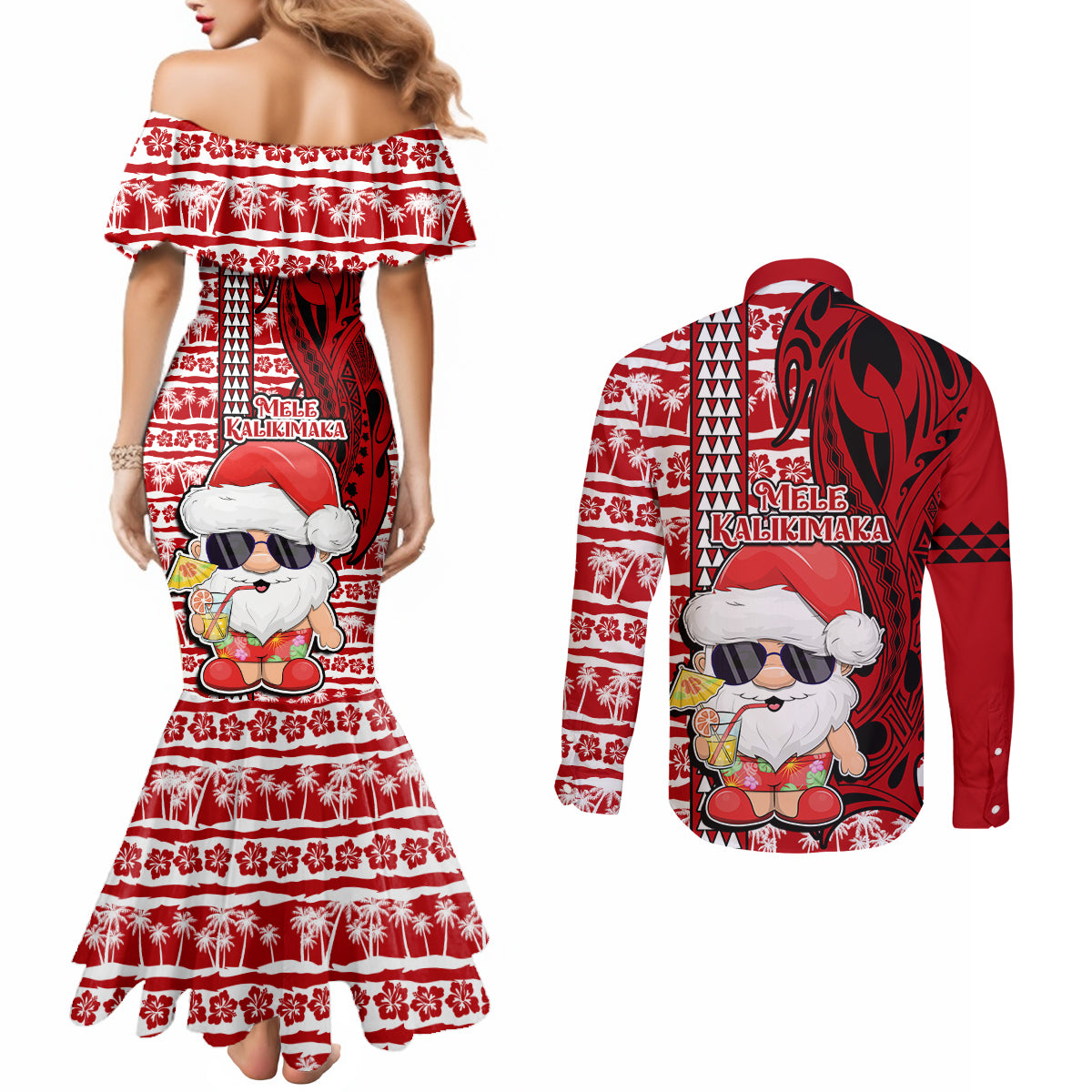 Mele Kalikimaka Hawaii Christmas Couples Matching Mermaid Dress and Long Sleeve Button Shirt Santa Claus Kakau Tribal Mix Polynesia Tattoo LT03 - Polynesian Pride