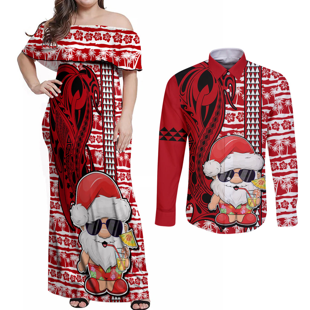 Mele Kalikimaka Hawaii Christmas Couples Matching Off Shoulder Maxi Dress and Long Sleeve Button Shirt Santa Claus Kakau Tribal Mix Polynesia Tattoo LT03 Red - Polynesian Pride