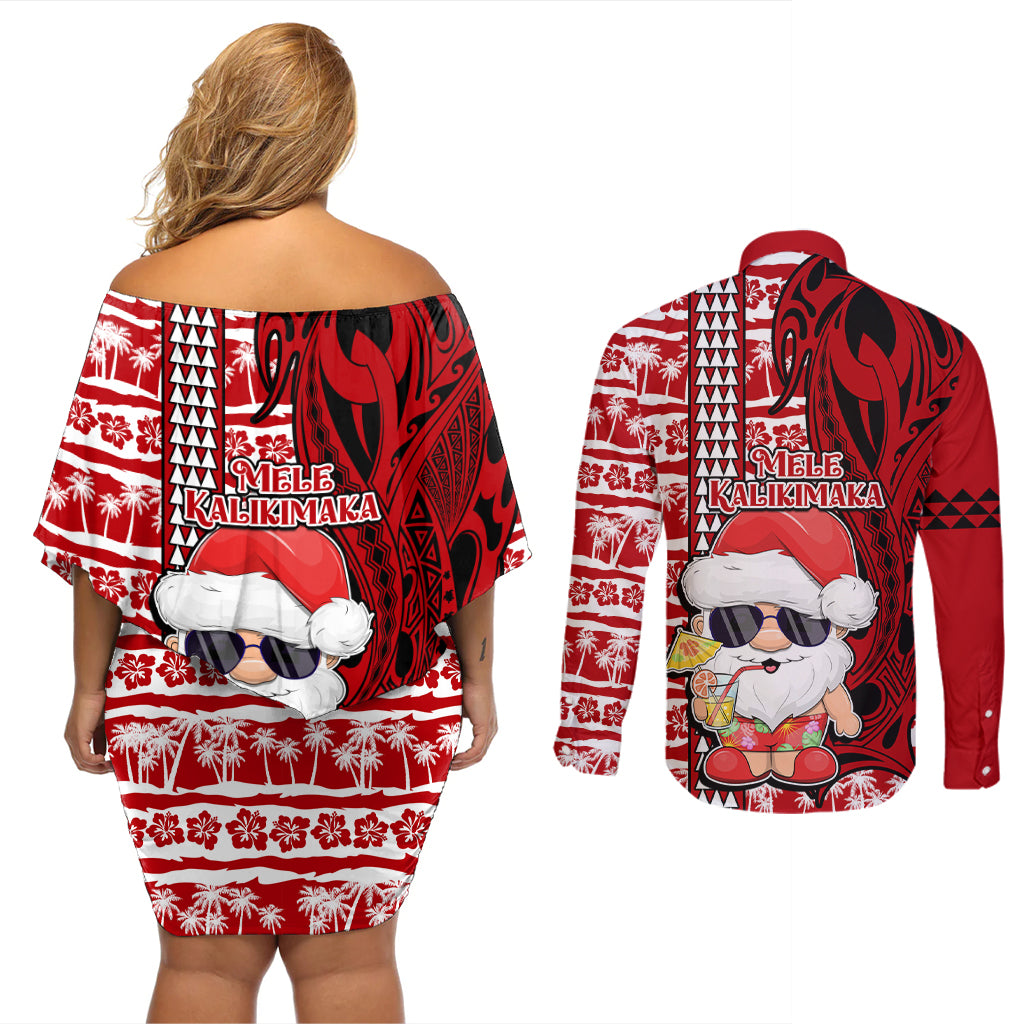 Mele Kalikimaka Hawaii Christmas Couples Matching Off Shoulder Short Dress and Long Sleeve Button Shirt Santa Claus Kakau Tribal Mix Polynesia Tattoo LT03 - Polynesian Pride