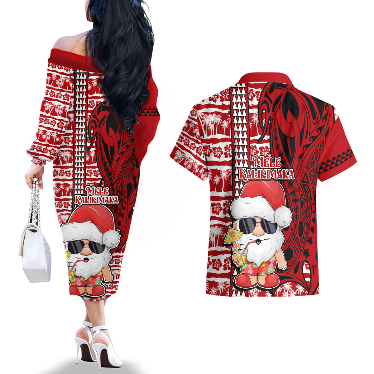 Mele Kalikimaka Hawaii Christmas Couples Matching Off The Shoulder Long Sleeve Dress and Hawaiian Shirt Santa Claus Kakau Tribal Mix Polynesia Tattoo LT03 - Polynesian Pride