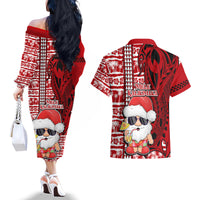 Mele Kalikimaka Hawaii Christmas Couples Matching Off The Shoulder Long Sleeve Dress and Hawaiian Shirt Santa Claus Kakau Tribal Mix Polynesia Tattoo LT03 - Polynesian Pride