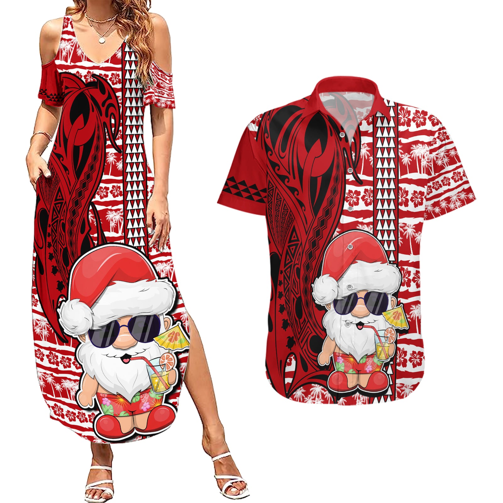 Mele Kalikimaka Hawaii Christmas Couples Matching Summer Maxi Dress and Hawaiian Shirt Santa Claus Kakau Tribal Mix Polynesia Tattoo LT03 Red - Polynesian Pride