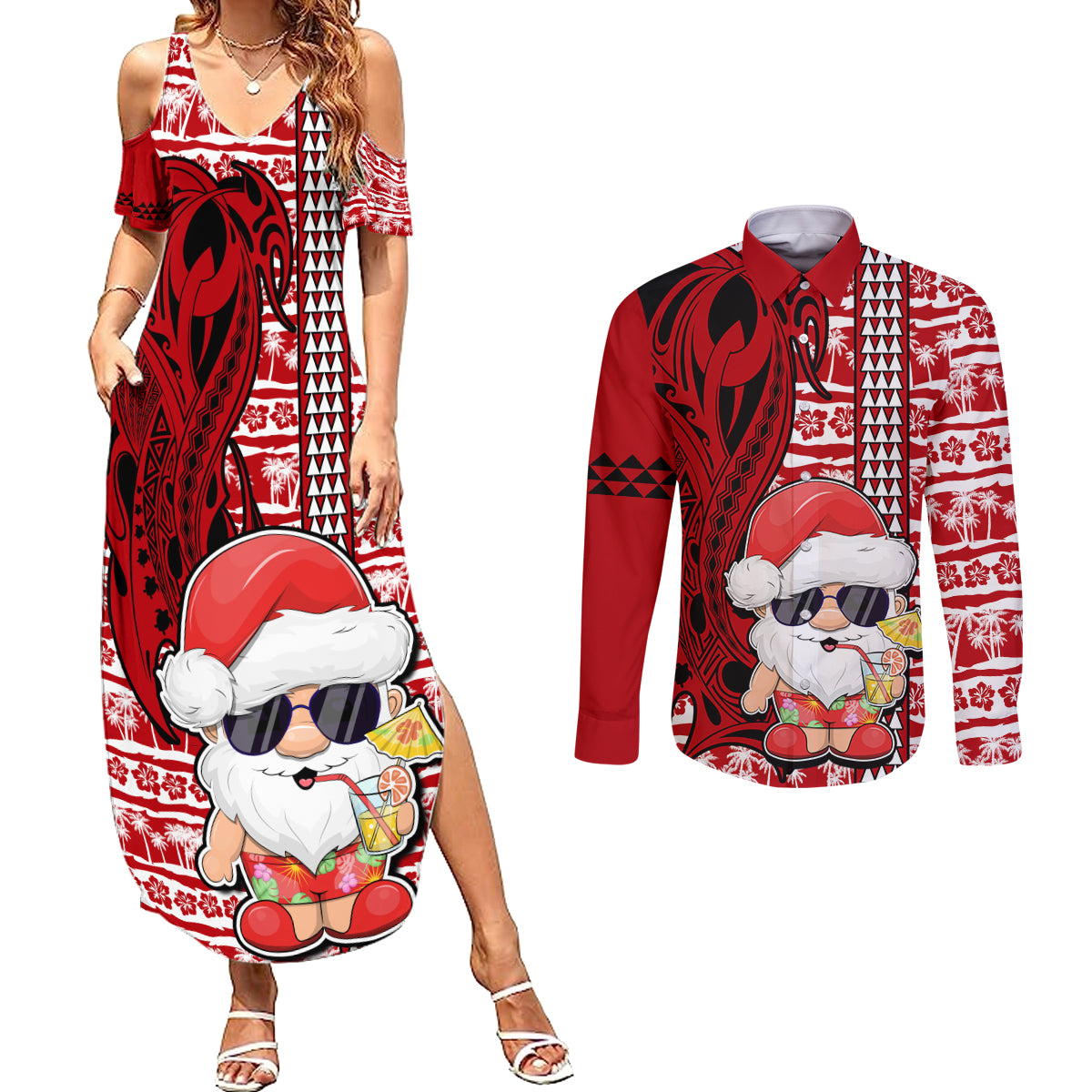 Mele Kalikimaka Hawaii Christmas Couples Matching Summer Maxi Dress and Long Sleeve Button Shirt Santa Claus Kakau Tribal Mix Polynesia Tattoo LT03 Red - Polynesian Pride