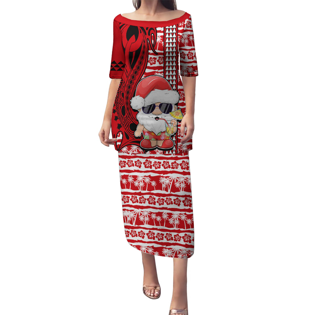 Mele Kalikimaka Hawaii Christmas Family Matching Puletasi Dress and Hawaiian Shirt Santa Claus Kakau Tribal Mix Polynesia Tattoo LT03 Mom's Dress Red - Polynesian Pride