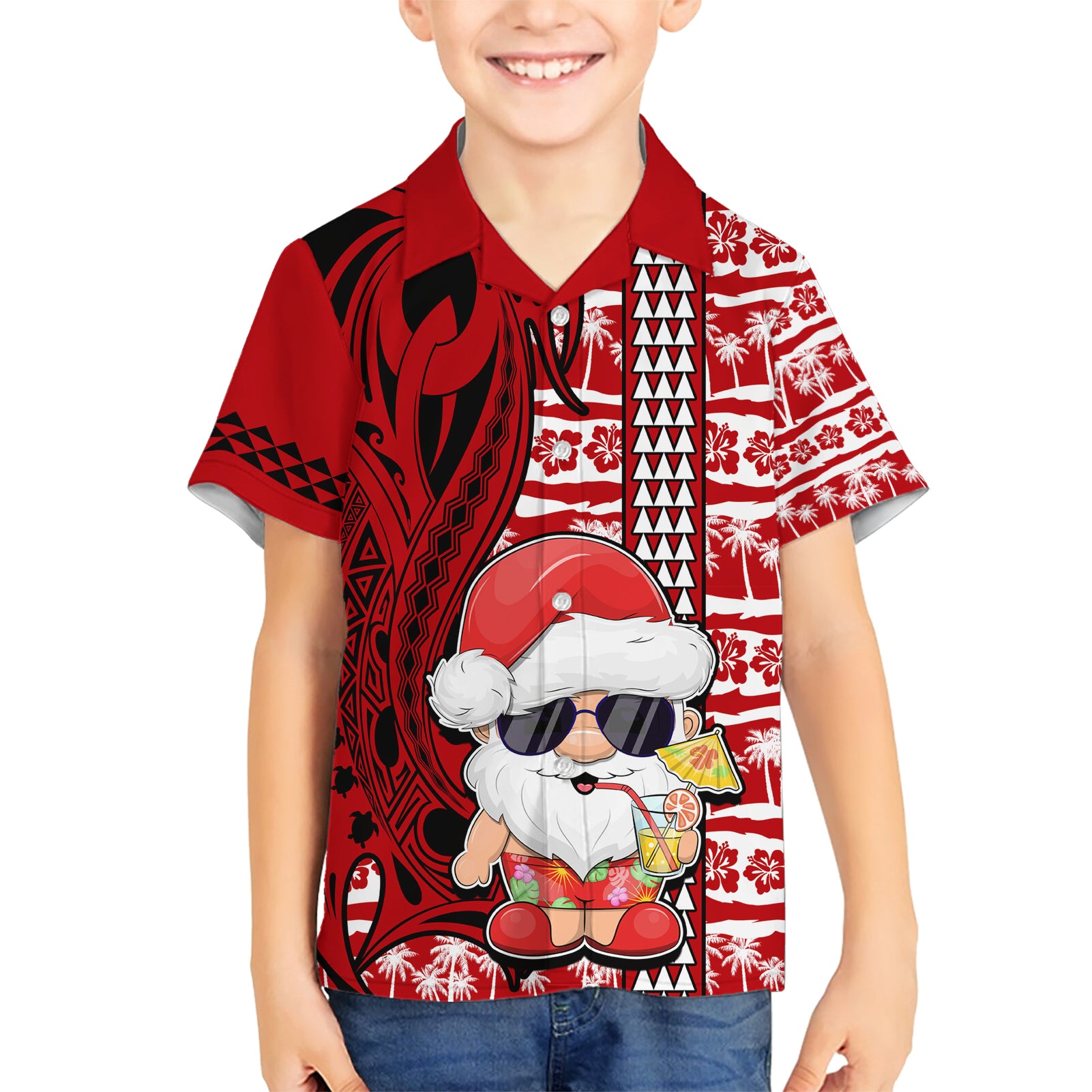 Mele Kalikimaka Hawaii Christmas Kid Hawaiian Shirt Santa Claus Kakau Tribal Mix Polynesia Tattoo LT03 Kid Red - Polynesian Pride