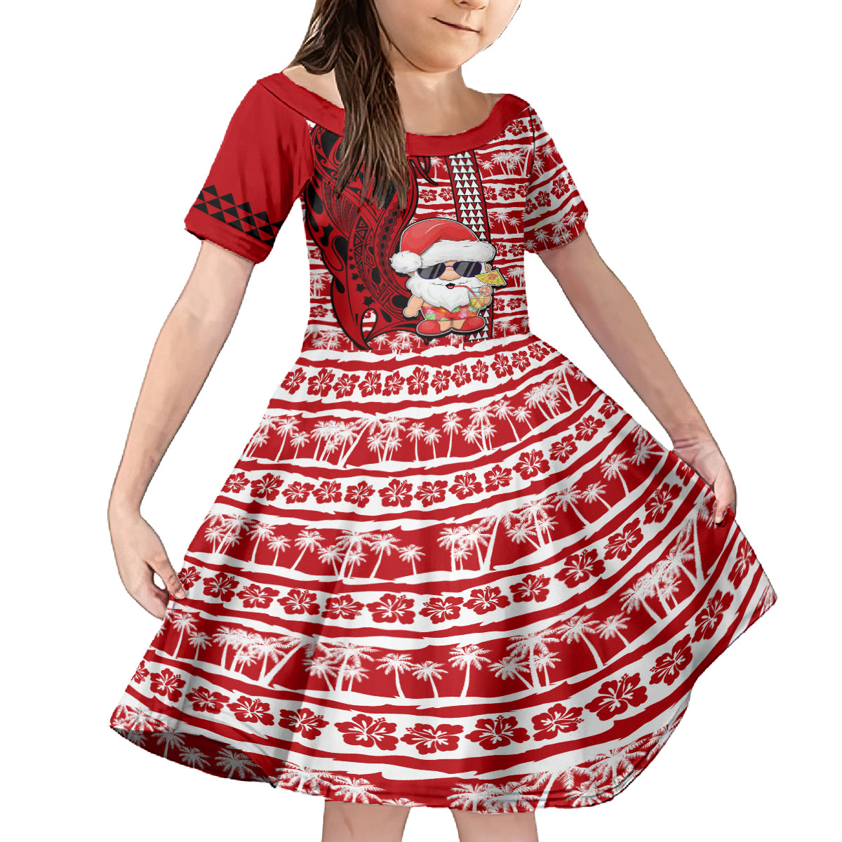 Mele Kalikimaka Hawaii Christmas Kid Short Sleeve Dress Santa Claus Kakau Tribal Mix Polynesia Tattoo LT03 KID Red - Polynesian Pride