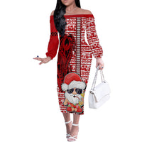 Mele Kalikimaka Hawaii Christmas Off The Shoulder Long Sleeve Dress Santa Claus Kakau Tribal Mix Polynesia Tattoo LT03 Women Red - Polynesian Pride