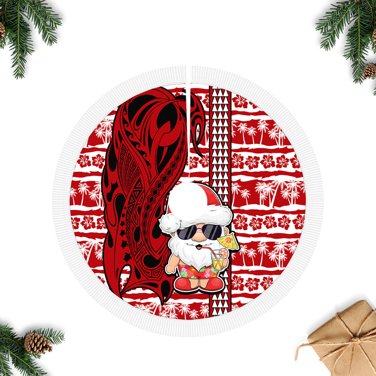 Mele Kalikimaka Hawaii Christmas Tree Skirt Santa Claus Kakau Tribal Mix Polynesia Tattoo LT03 - Polynesian Pride