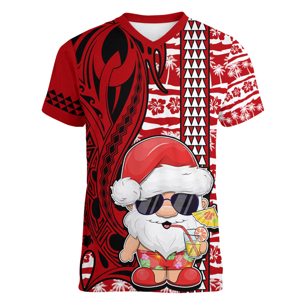 Mele Kalikimaka Hawaii Christmas Women V Neck T Shirt Santa Claus Kakau Tribal Mix Polynesia Tattoo LT03 Female Red - Polynesian Pride