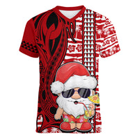 Mele Kalikimaka Hawaii Christmas Women V Neck T Shirt Santa Claus Kakau Tribal Mix Polynesia Tattoo LT03 Female Red - Polynesian Pride