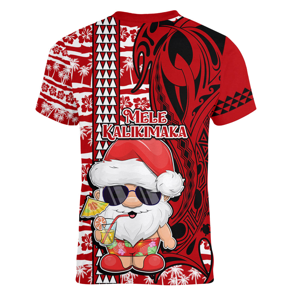 Mele Kalikimaka Hawaii Christmas Women V Neck T Shirt Santa Claus Kakau Tribal Mix Polynesia Tattoo LT03 - Polynesian Pride
