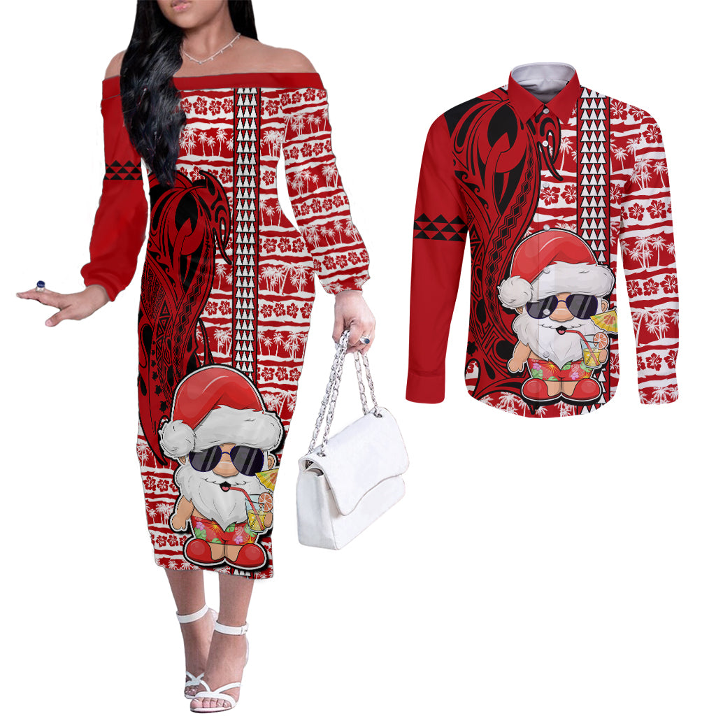 Custom Mele Kalikimaka Hawaii Christmas Couples Matching Off The Shoulder Long Sleeve Dress and Long Sleeve Button Shirt Santa Claus Kakau Tribal Mix Polynesia Tattoo LT03 Red - Polynesian Pride