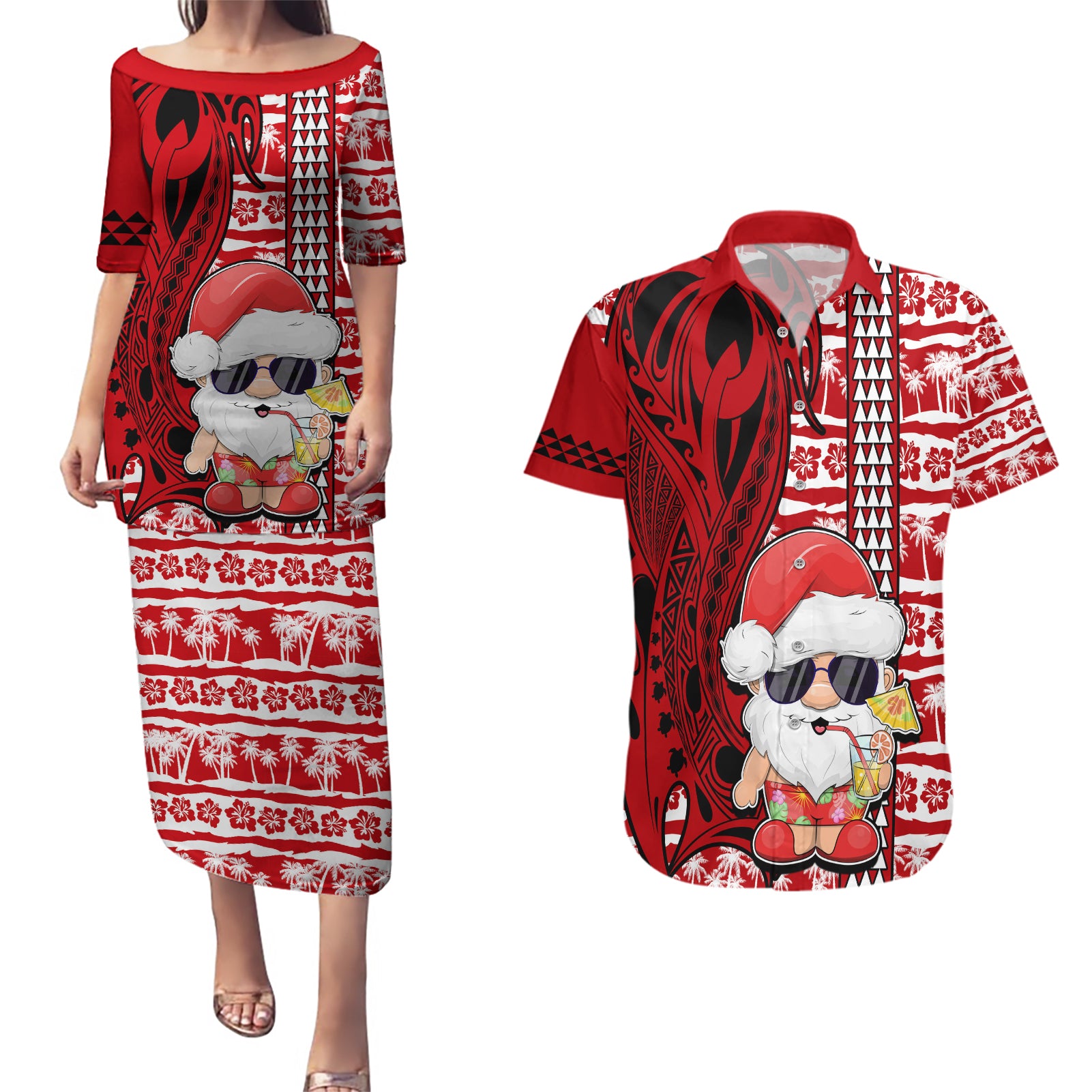 Custom Mele Kalikimaka Hawaii Christmas Couples Matching Puletasi Dress and Hawaiian Shirt Santa Claus Kakau Tribal Mix Polynesia Tattoo LT03 Red - Polynesian Pride