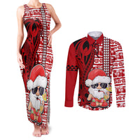Custom Mele Kalikimaka Hawaii Christmas Couples Matching Tank Maxi Dress and Long Sleeve Button Shirt Santa Claus Kakau Tribal Mix Polynesia Tattoo LT03 Red - Polynesian Pride