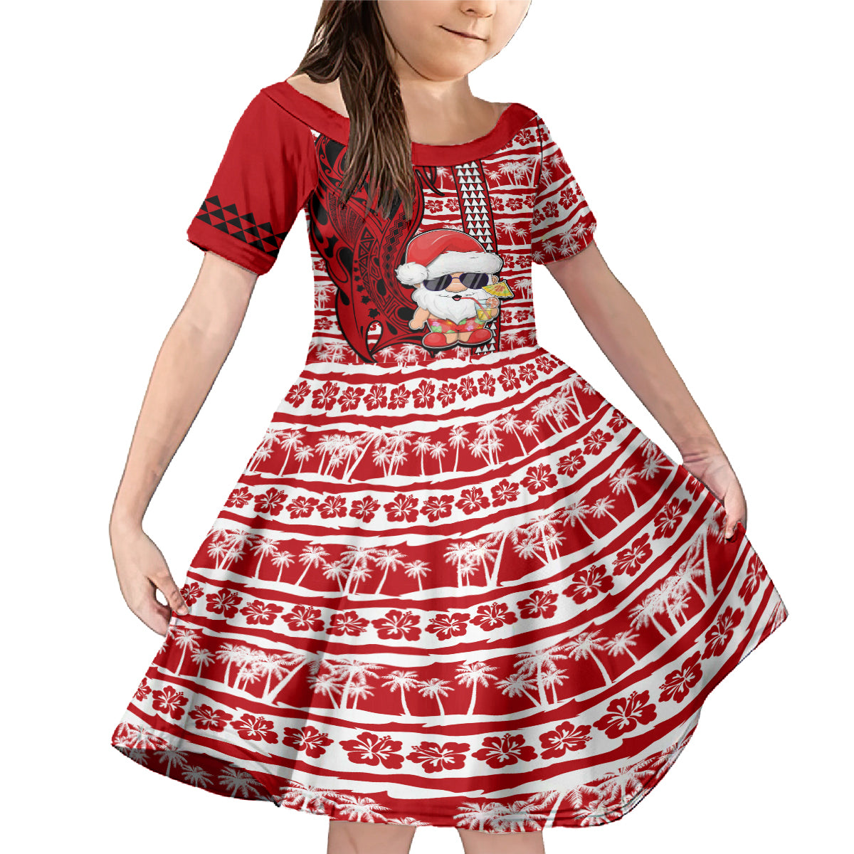 Custom Mele Kalikimaka Hawaii Christmas Family Matching Mermaid Dress and Hawaiian Shirt Santa Claus Kakau Tribal Mix Polynesia Tattoo LT03 Daughter's Dress Red - Polynesian Pride