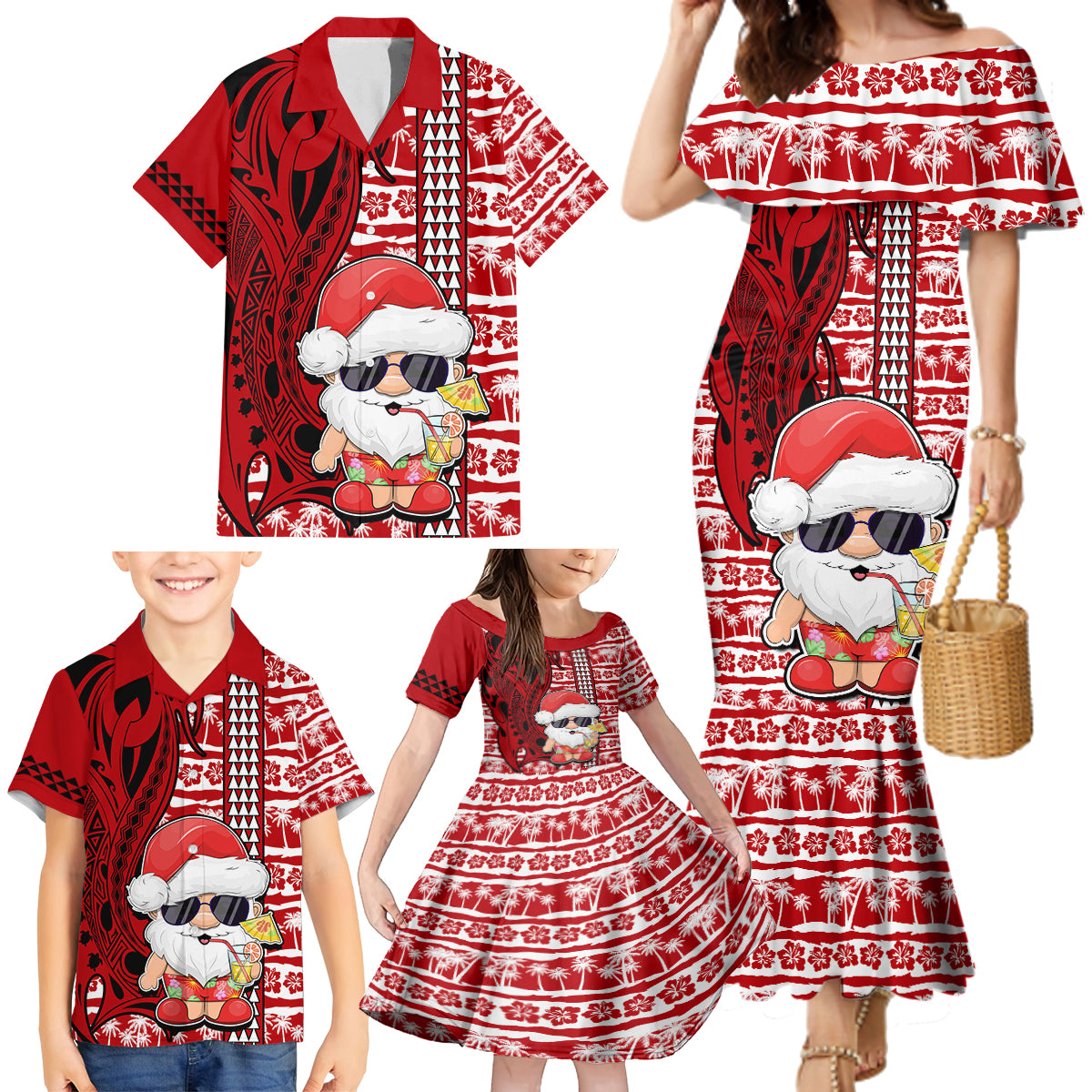 Custom Mele Kalikimaka Hawaii Christmas Family Matching Mermaid Dress and Hawaiian Shirt Santa Claus Kakau Tribal Mix Polynesia Tattoo LT03 - Polynesian Pride