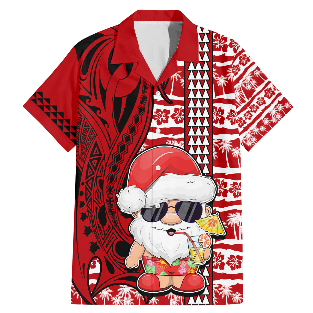 Custom Mele Kalikimaka Hawaii Christmas Family Matching Mermaid Dress and Hawaiian Shirt Santa Claus Kakau Tribal Mix Polynesia Tattoo LT03 Dad's Shirt - Short Sleeve Red - Polynesian Pride