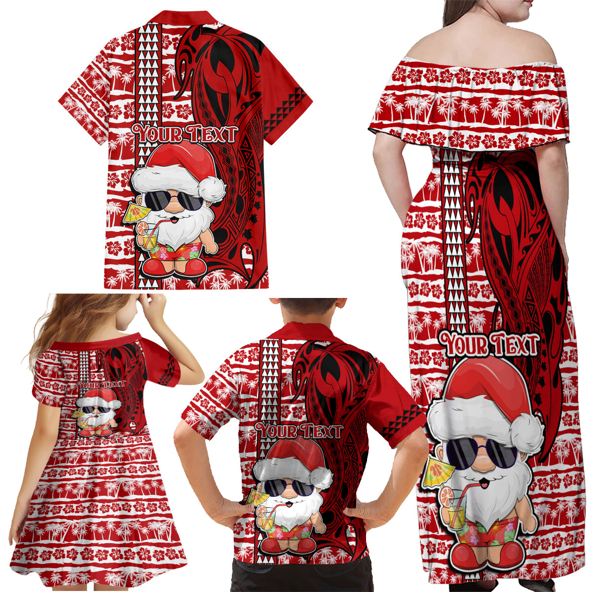 Custom Mele Kalikimaka Hawaii Christmas Family Matching Off Shoulder Maxi Dress and Hawaiian Shirt Santa Claus Kakau Tribal Mix Polynesia Tattoo LT03 - Polynesian Pride