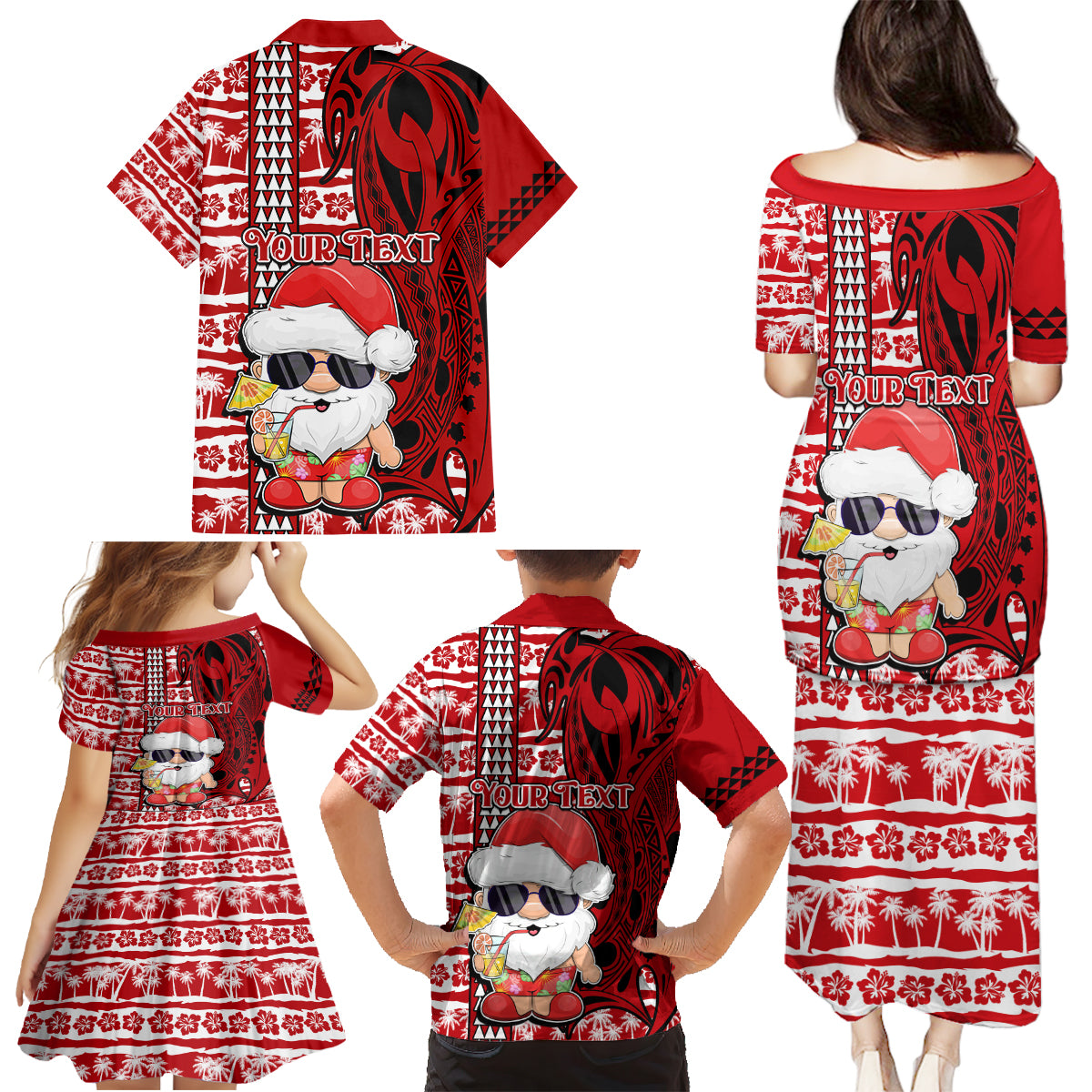 Custom Mele Kalikimaka Hawaii Christmas Family Matching Puletasi Dress and Hawaiian Shirt Santa Claus Kakau Tribal Mix Polynesia Tattoo LT03 - Polynesian Pride