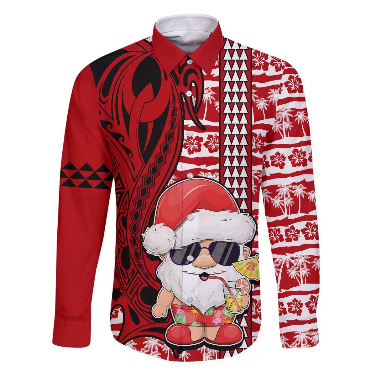 Custom Mele Kalikimaka Hawaii Christmas Family Matching Puletasi Dress and Hawaiian Shirt Santa Claus Kakau Tribal Mix Polynesia Tattoo LT03 Dad's Shirt - Long Sleeve Red - Polynesian Pride